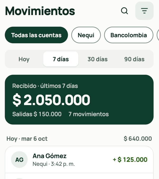 Pantalla Movimientos de la app de Notipay, con filtros por cuenta y el total recibido.